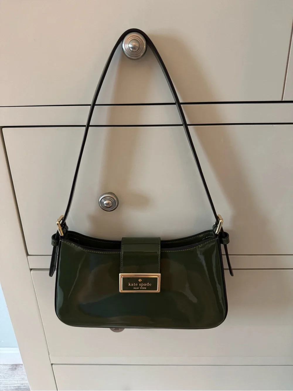 kate spade Olive Green Patent Shoulder Bag with Gold Plaque